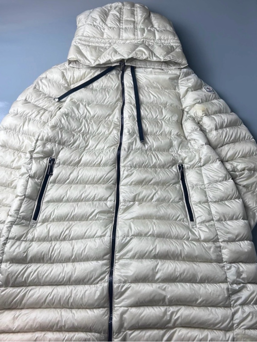 Moncler White Hooded Quilted Puffer Coat with Black Trim